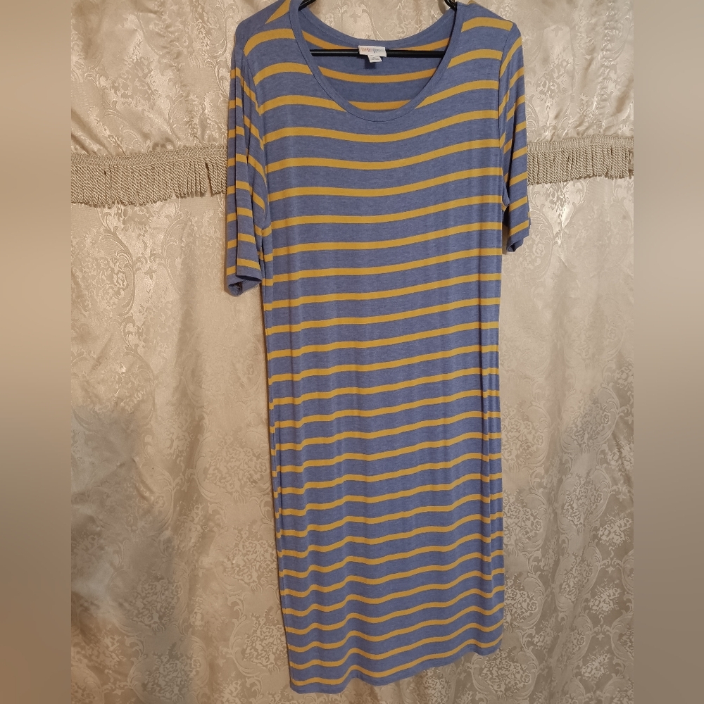 LuLaRoe Blue and Yellow Striped Midi Dress